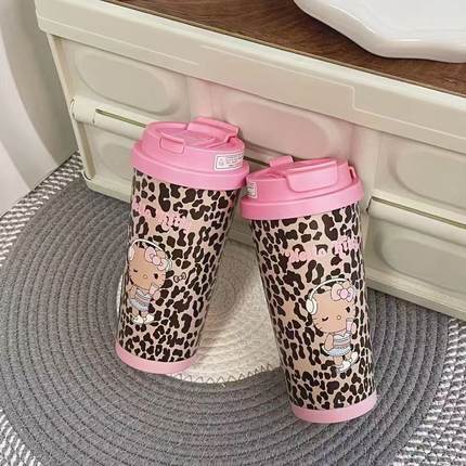 粉红豹纹凯蒂猫HelloKitty保温杯不锈钢学生吸管双饮大容量水杯女