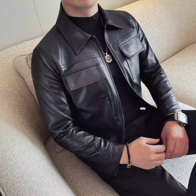 秋冬潮流时尚男装韩版男士修身短款机车防水皮衣休闲外套皮夹克