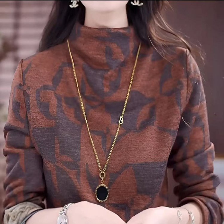 直播爆款薄绒打底衫妈妈秋冬新款半高长袖t恤印花上衣女