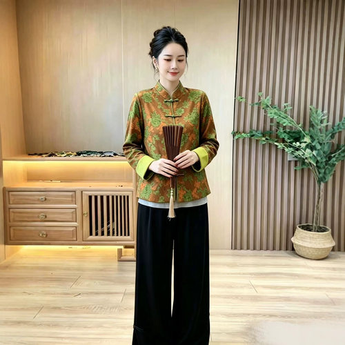秋季新款外套女新中式国风印花盘扣小衫宽松百搭上衣女装