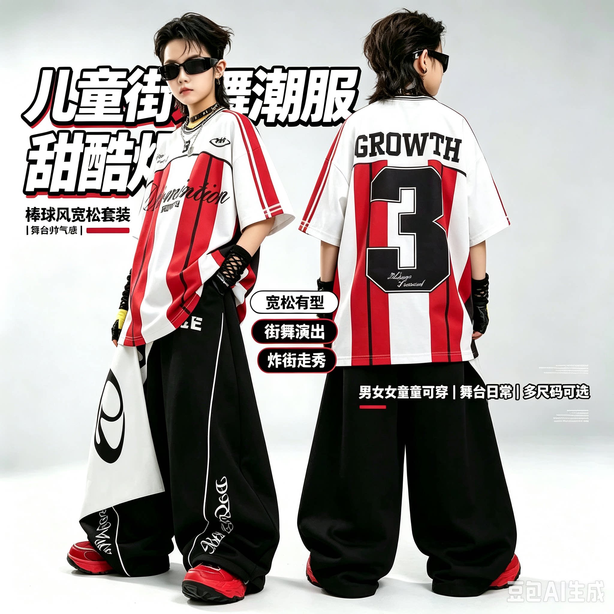 男童街舞套装夏季 红白条纹hiphop潮服少儿嘻哈炸街演出服中大童