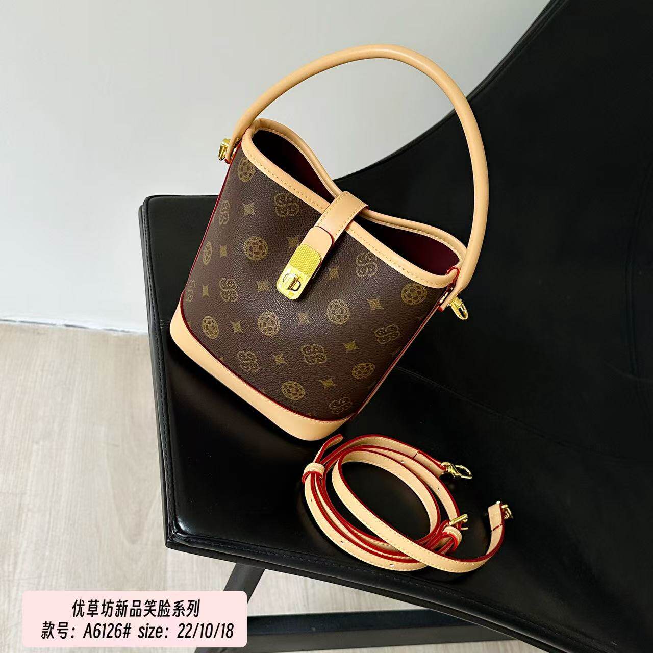 优草坊品牌正品女包2026新款大容量老花水桶包高品质手提百搭单肩