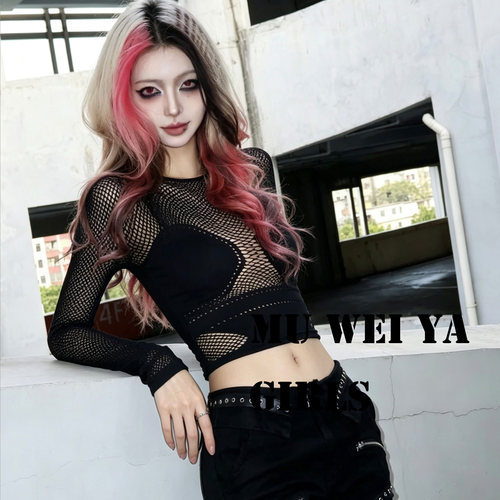 性感长袖网眼破洞短款显瘦T恤女