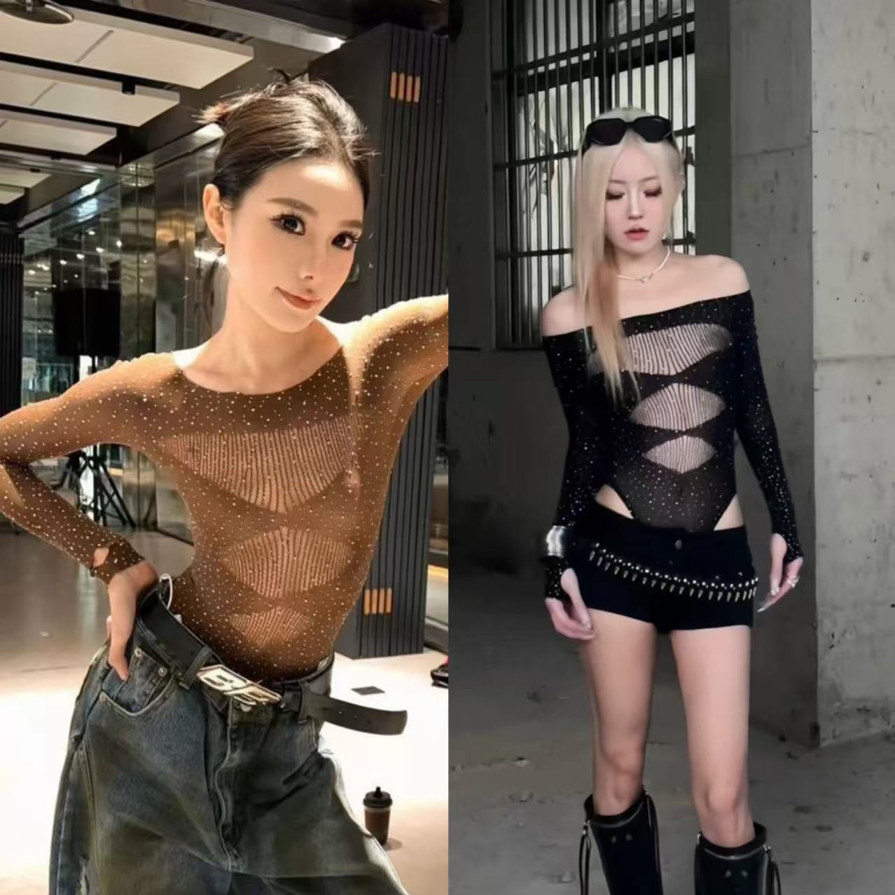 美式露肩个性烫钻连体衣上衣