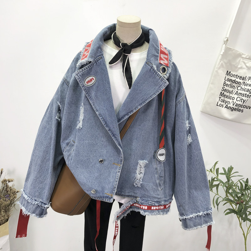 韩国2024新款外套女ins潮飘带刺绣牛仔服宽松破洞嘻哈外套牛仔褂