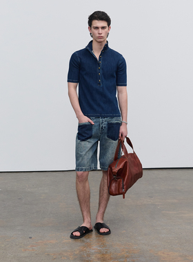 SouthStudio牛仔短袖26新款丹宁蓝无性别半开襟小立领圆排口半袖