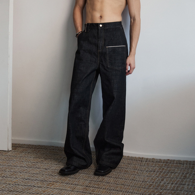 SouthStudio牛仔裤赤耳面料立体剪裁单口袋黑25秋上新宽松版长裤