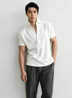 SouthStudio短袖男26夏新款半开襟套头毛巾面感弹性休闲黑灰Polo