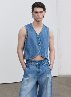 SouthStudio牛仔马甲26夏新无性别男女款品质蓝半扇拼接单扣背心