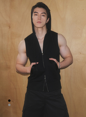 SouthStudio连帽马甲26夏新款开襟插兜运动黑灰双拉链无袖背心