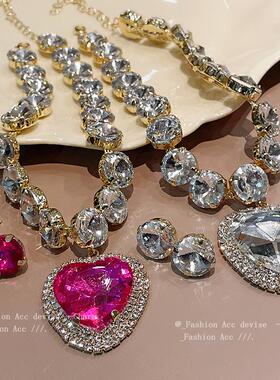 欧美重工爱心镶钻耳钉项链