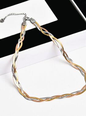 欧美小众设计感钛钢蛇骨链项链个性编织百搭简约镀金短choker颈链