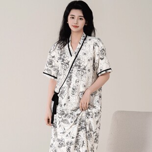 夏季女睡袍云朵棉气质时尚花卉浴袍短袖和服可外穿休闲系带家居服