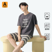 休闲字母青年薄款 短裤 男生夏天家居服 套头短袖 睡衣男纯棉夏季