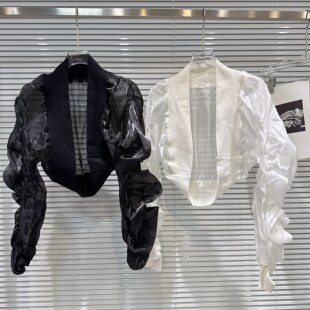 夏季新款甜酷辣妹透明网纱玻璃丝褶皱上衣短外套外搭