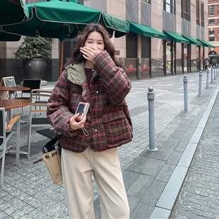 ins复古格子面包羽绒服女短款25新款冬季超火连帽条纹小个子外套