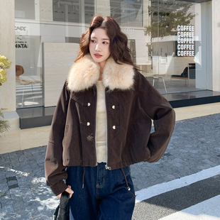 老钱风咖啡色大毛领皮衣加绒外套女短款2026新款学生宽松保暖棉服