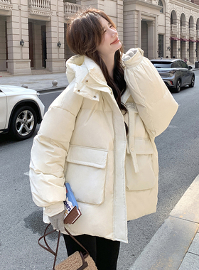 ins港风连帽面包羽绒服女25新款冬季韩版超火宽松百搭白鸭绒外套