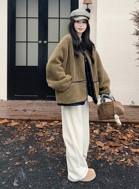 ins复古拼接风羊羔绒短外套女2025新款宽松皮毛一体保暖厚外套潮