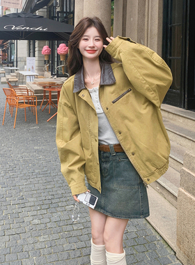 美式复古巴恩风黄色牛仔外套女短款2025新款宽松bf减龄夹克上衣秋