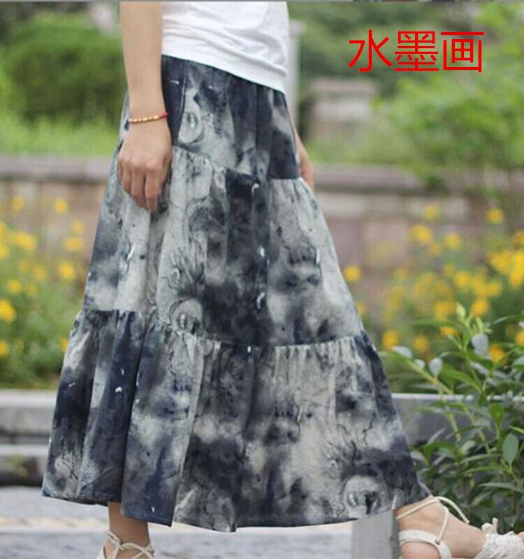 春秋女装长裙包邮中国风棉麻半身裙 复古印花A字裙松紧腰大摆裙夏