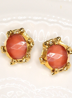 vintage 中古饰品首饰 Gavilane橘色网纹琉璃金色耳夹