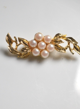 中古首饰 Richelieu 金色珍珠花朵胸针 成色新