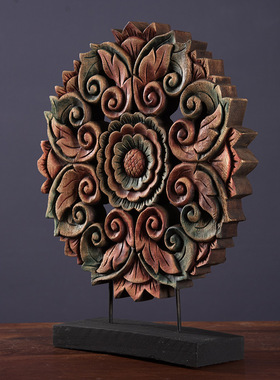 东南亚风格圆形木雕金箔客厅摆件