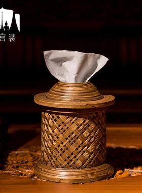 泰式竹编装饰纸巾盒抽纸铜圆形