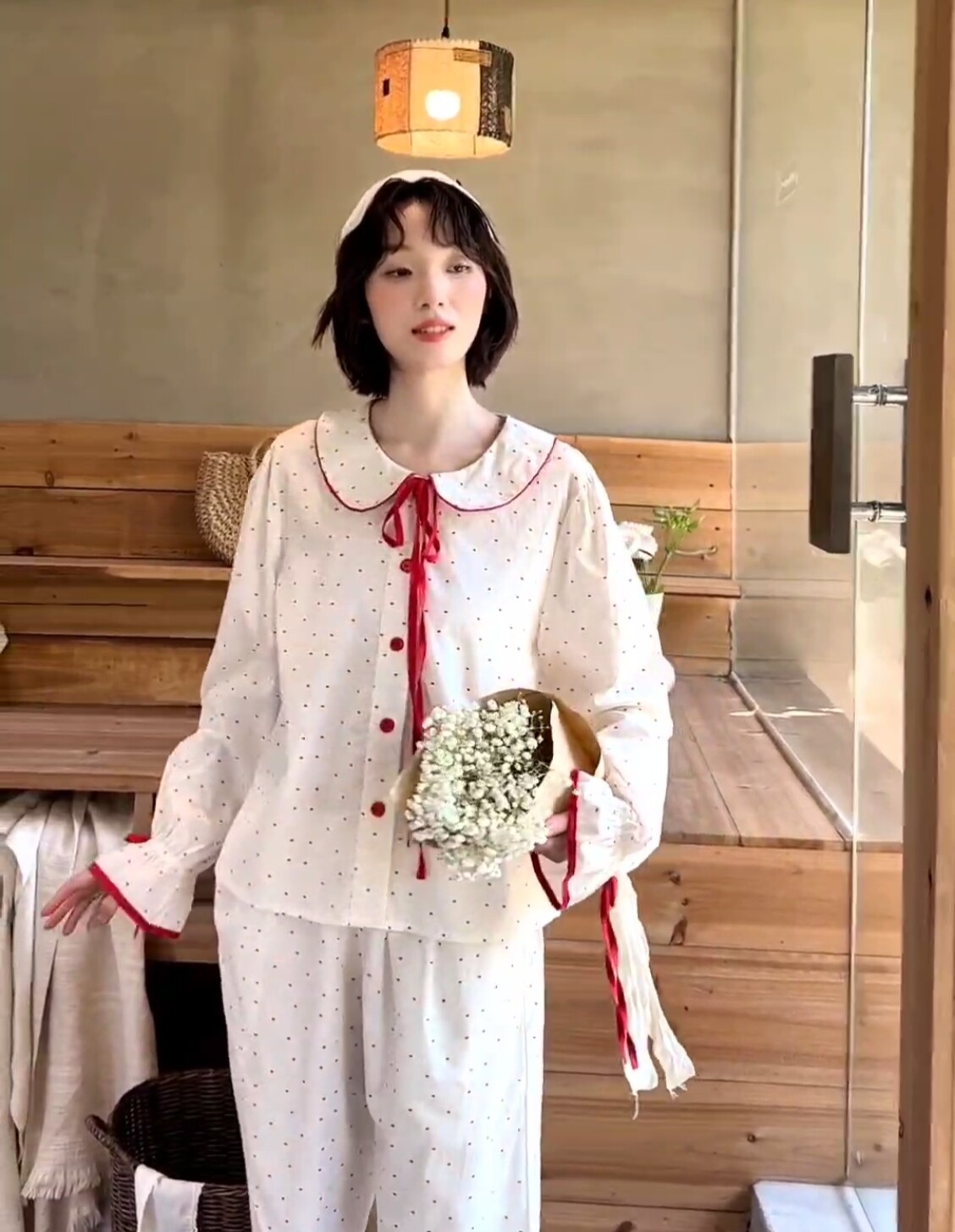 鹿鹿安娜春秋女款梭织娃娃领开衫家居服睡衣3041