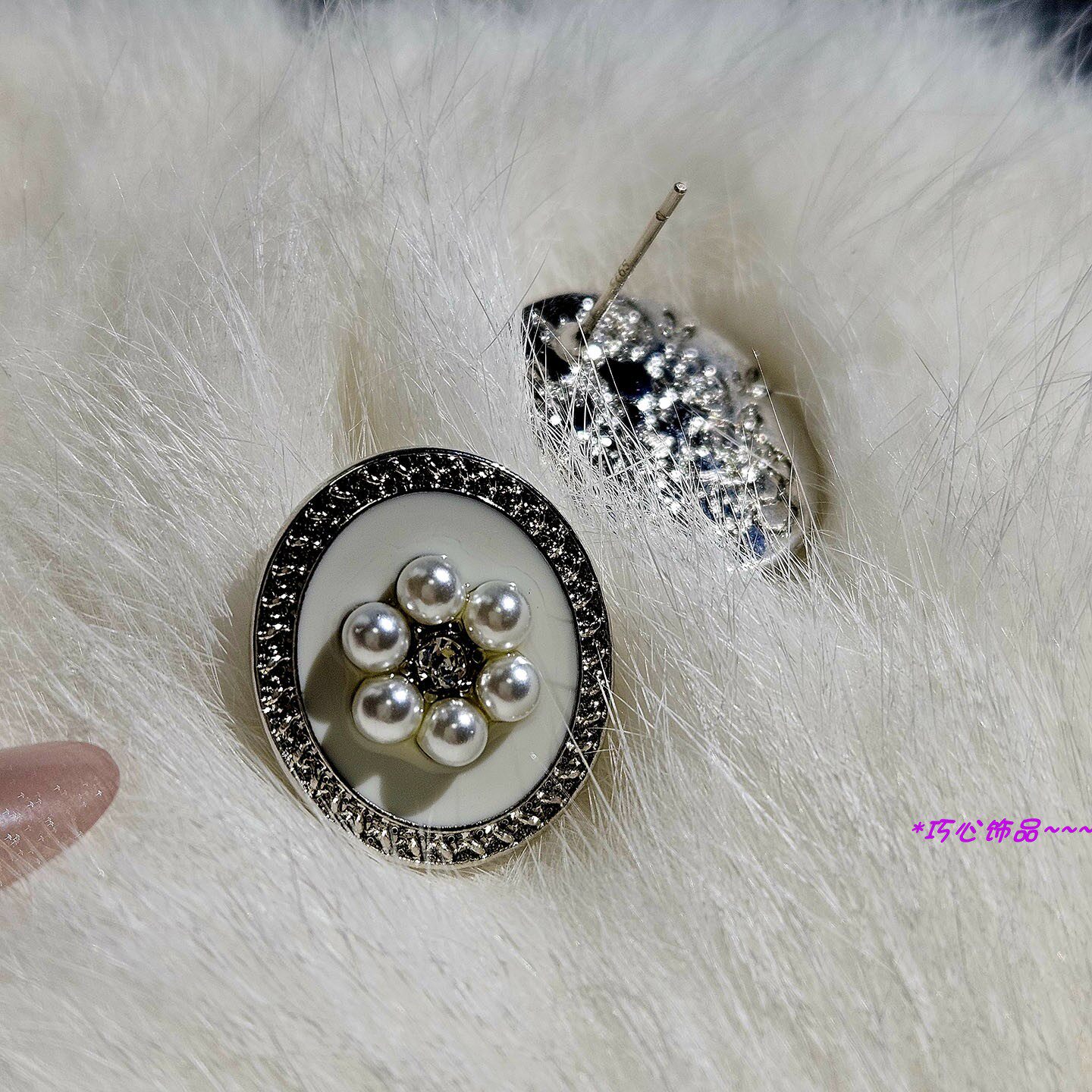 925银针老钱风珍珠花朵耳钉
