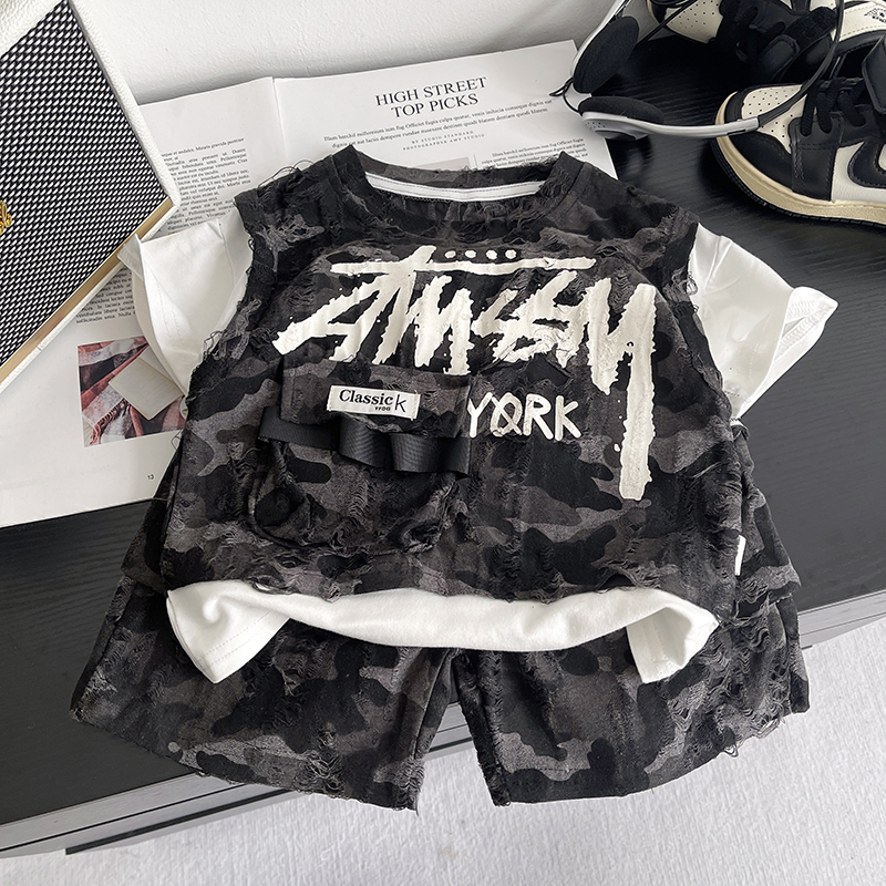 男童套装夏季韩版运动衣服1-5岁3宝宝假三件洋气夏装短袖两件套潮