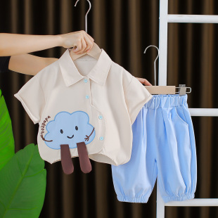 男童帅气夏装衬衫2026夏季新款韩版儿童短袖卡通衬衣宝宝两件套潮