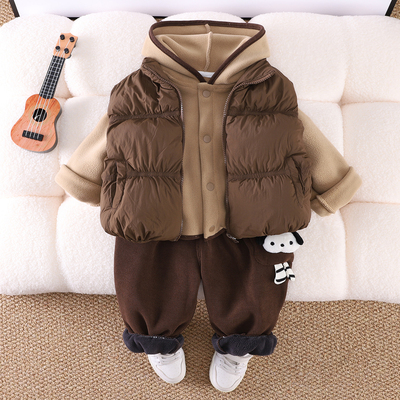男童冬装加绒加厚连帽卫衣套装新款儿童帅宝宝冬季棉服马甲三件套