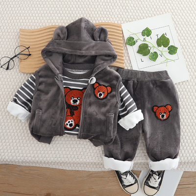 男童加绒2025新款秋冬套装洋气冬装女童宝宝加厚一体绒卫衣三件套