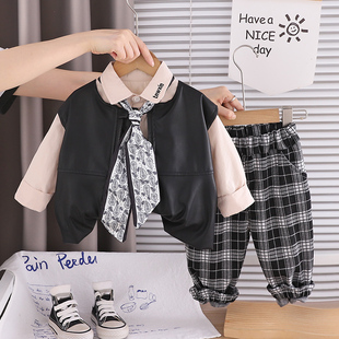 皮衣马甲衬衫 洋气儿童春装 三件套男孩帅气炸街潮 2026新款 男童套装