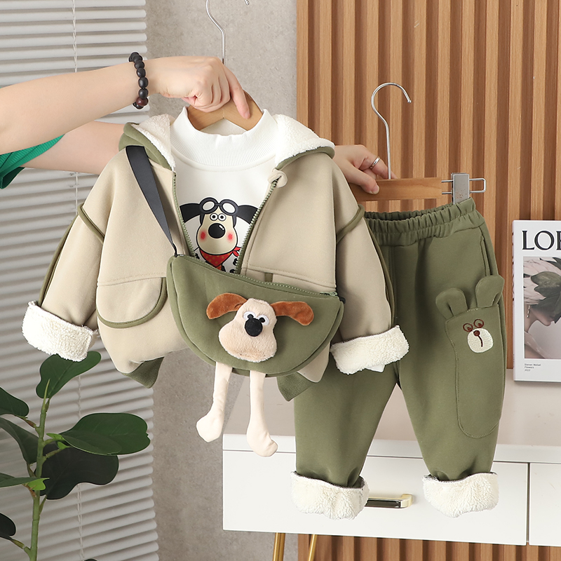 宝宝冬装加绒加厚卡通三件套