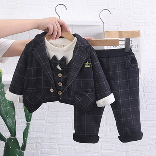 2儿童新款 套装 宝宝3薄绒三件套4帅气5岁 1加绒加厚西装 男童0秋冬款