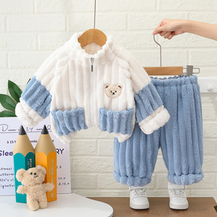 儿童加绒加厚睡衣套装法兰绒宝宝男女童保暖家居服小孩小童秋冬装