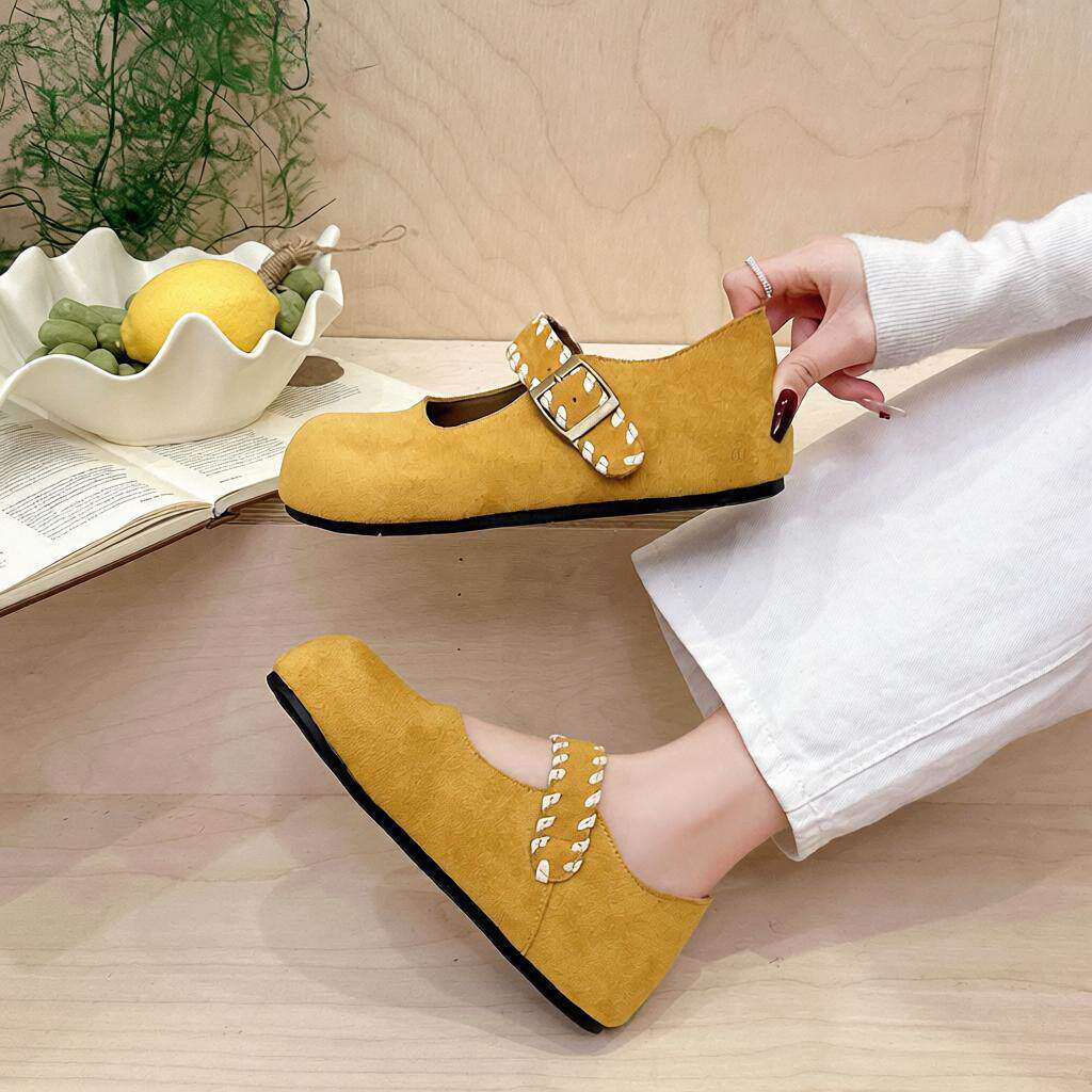 小香风浅口一字扣编织玛丽珍女鞋一脚蹬配裙子平底单鞋