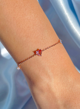 微镶锆石甜美粉色爱心手链女轻奢气质ins小众设计感个性混搭手饰