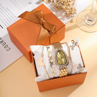 520礼物送女友5件套个性蛇形钢带镶钻手表+蝴蝶手镯5pcs礼品套装