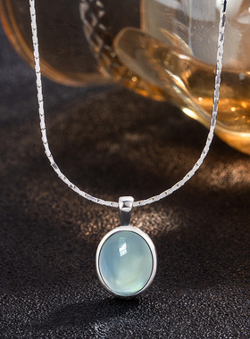 925纯银海蓝宝项链女ins小红书同款简约小众冷清感椭圆水滴锁骨链