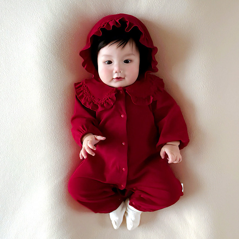 婴儿连体衣秋季长袖新款透气新生儿衣服红色长爬a类满月婴儿服装