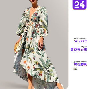 2025歐美外貿(mào)新款 印花連衣裙 連衣裙wish亞馬遜性感一字肩數(shù)碼 女裝
