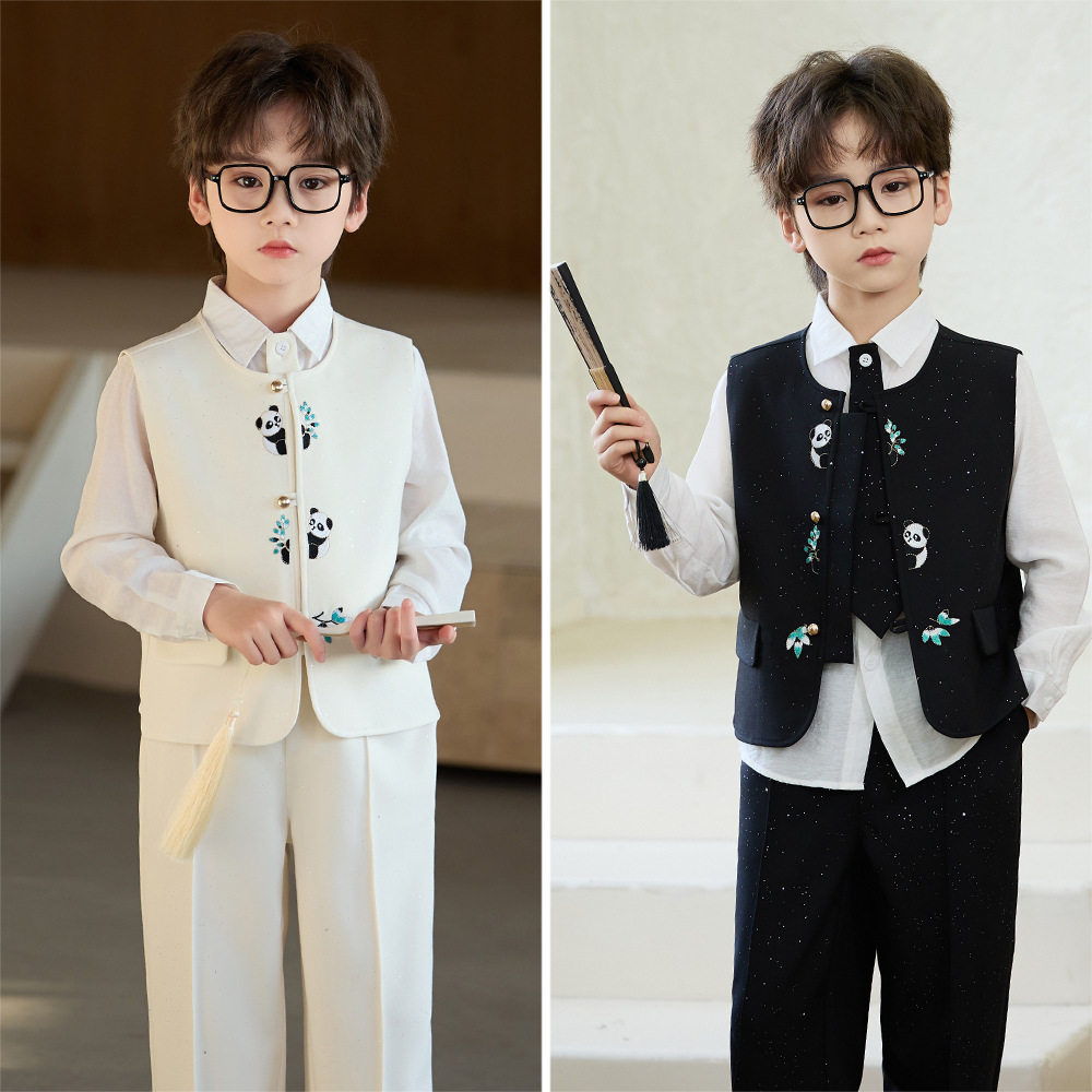 儿童亮片西装礼服新中式熊猫国风马甲背心男童刺绣汉服主持演出服