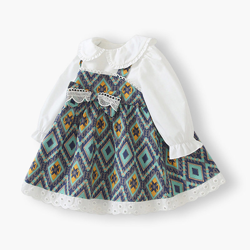 女童连衣裙2026春秋新款欧美风拼色假两件儿童公主裙蕾丝花边裙子