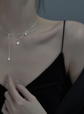 s925纯银闪钻六芒星项链女ins轻奢小众设计冷高级双层流苏锁项链