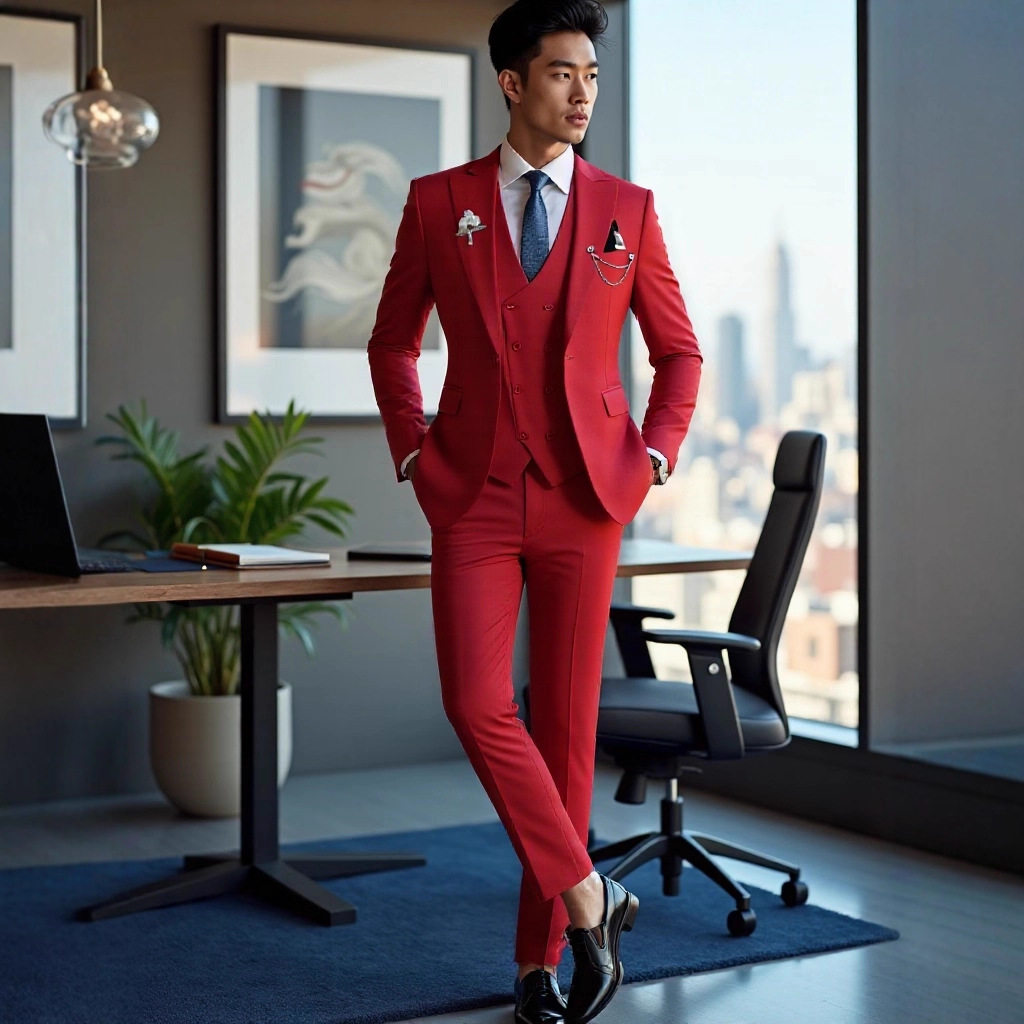 高级感西装结婚伴郎商务休闲西服套装一粒扣男士大红色三件套婚礼
