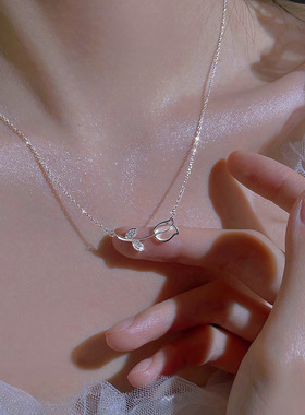 s925纯银郁金香项链女夏CHIC风轻奢气质高级感小众设计花朵锁骨链